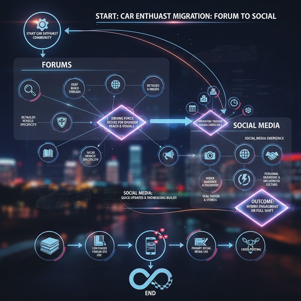 A flowchart showing user migration from traditional car forums to modern platforms like Reddit, Facebook, and Discord, illustrating current automotive community gathering spots