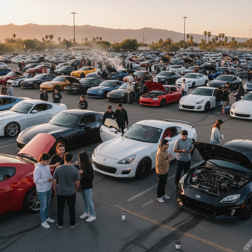 Car enthusiasts gathered around affordable sports cars, parking lot meet, diverse group, community vibe, sports car gathering, friendship