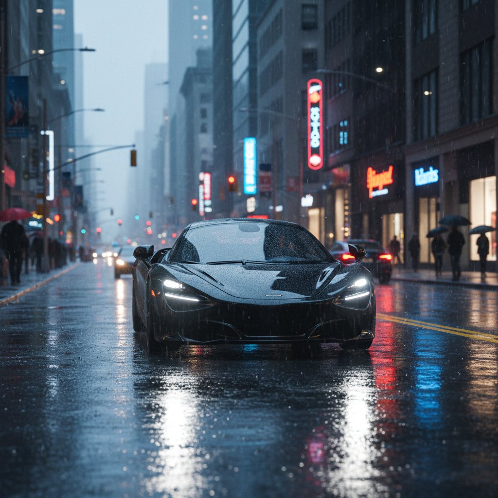 Car splashing through rain on urban street with headlights on