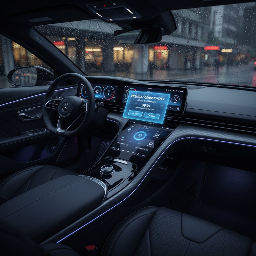 Car interior with subscription pop-up on display, moody, high-contrast, tech savvy cars subscription costs