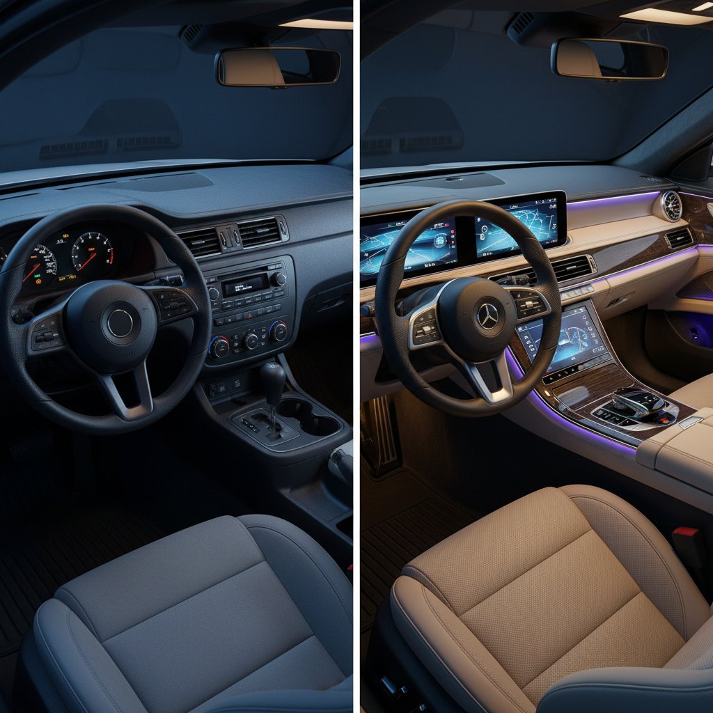 Side-by-side comparison of basic and premium car interiors, dramatic lighting