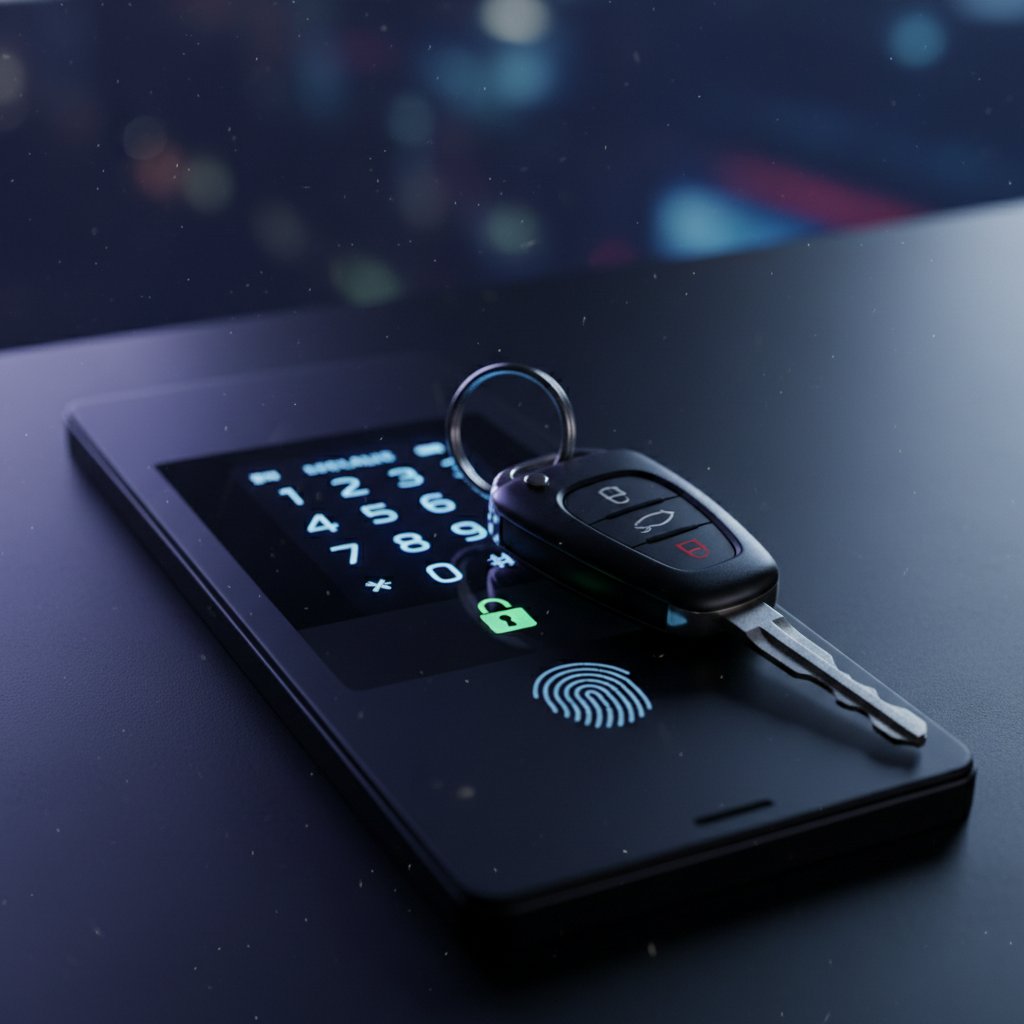 Symbolic image of car keys and digital lock in moody lighting, representing online car buying security