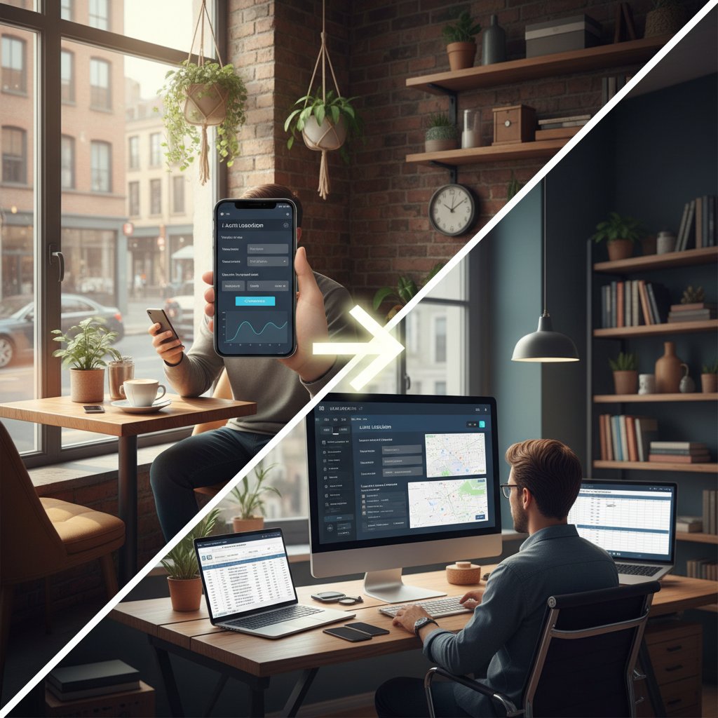 Split-screen: car lease calculator app on mobile in urban café vs desktop in home office, practical user scene
