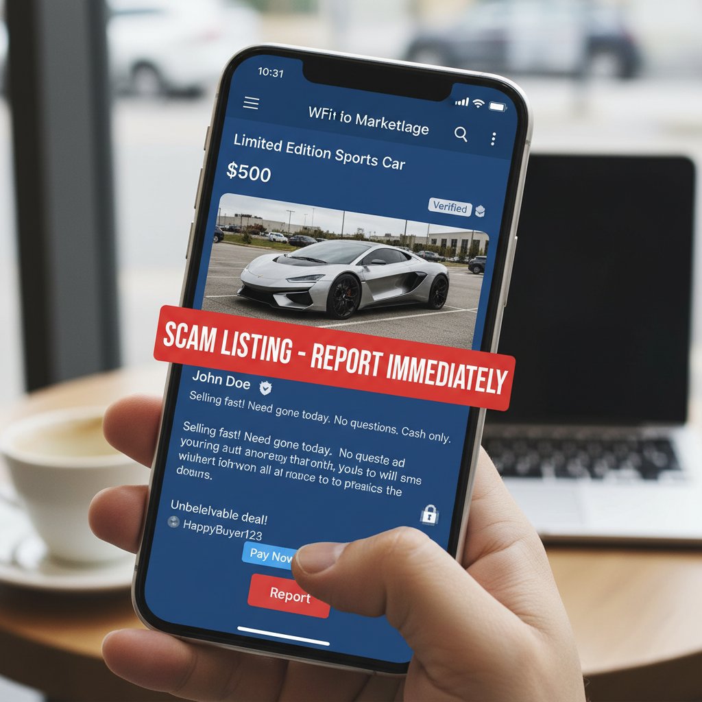 Suspicious smartphone display with an obviously fake car deal, reflecting the risk of scams in car marketplace apps