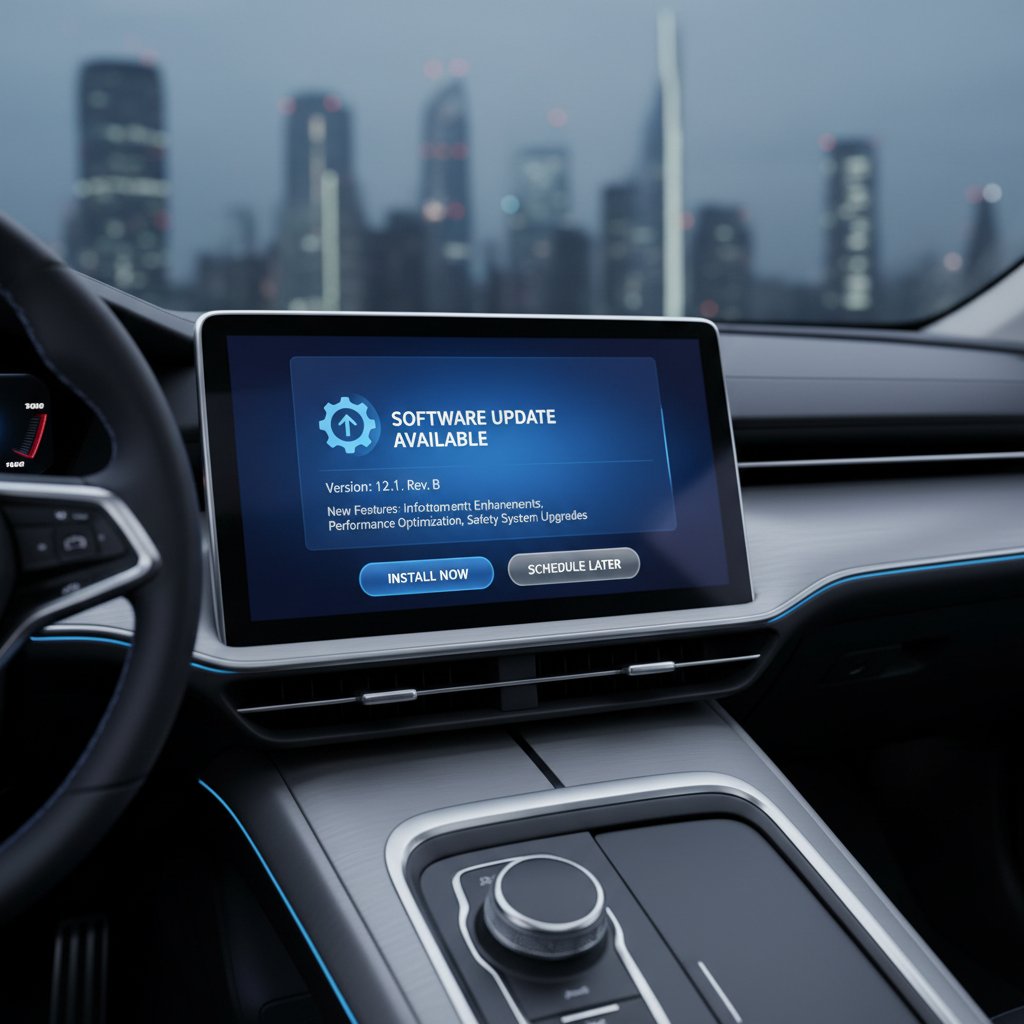 Owner updating car software in a driveway, car dashboard showing new features