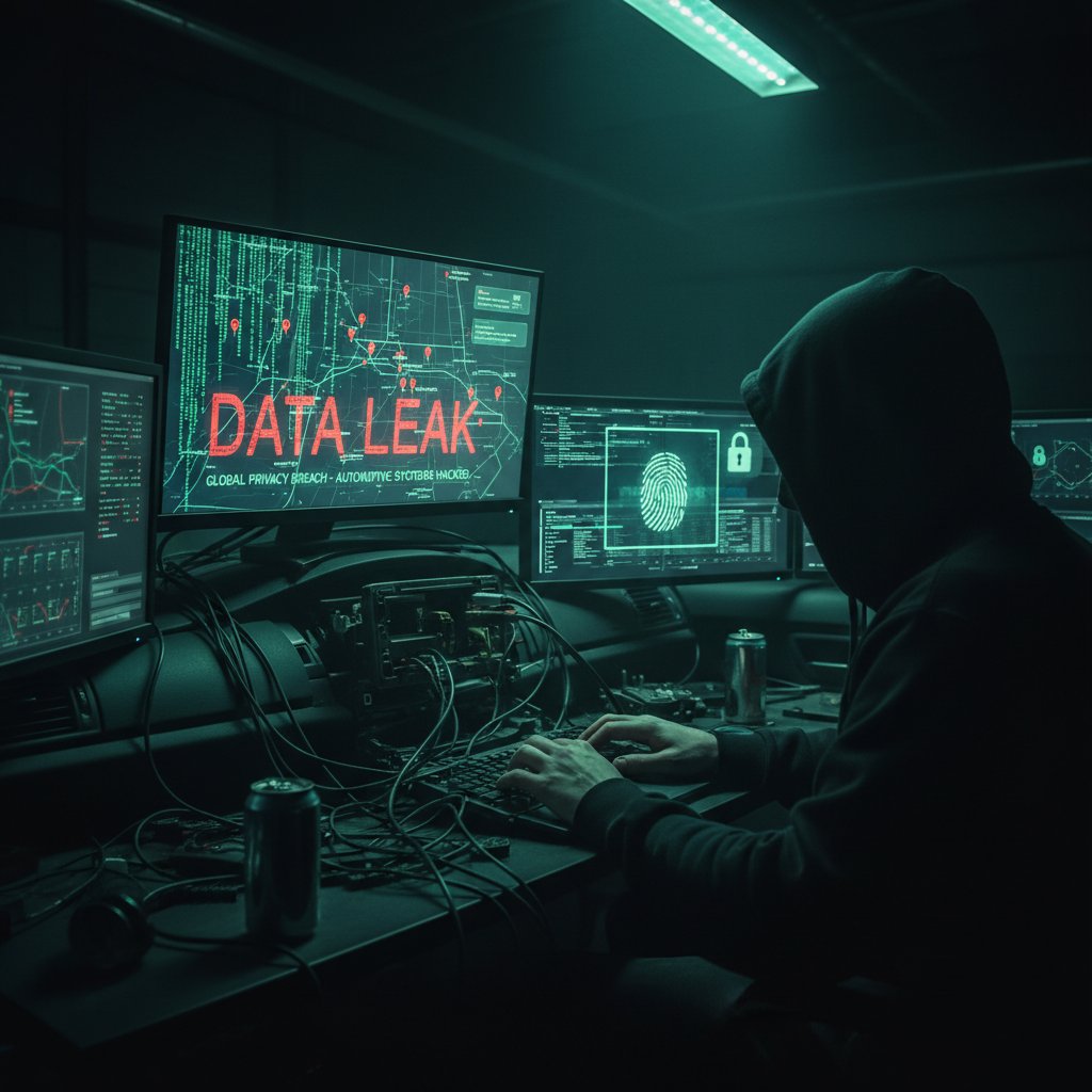Hacker in a dark room with car navigation data displayed on screen, representing data breaches