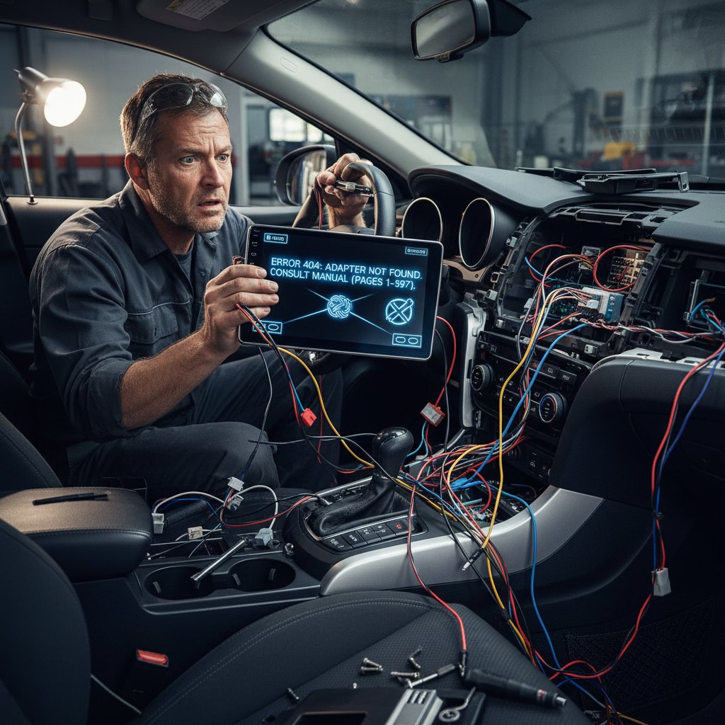 Mechanic installing new navigation system in car dashboard, highlighting complexity
