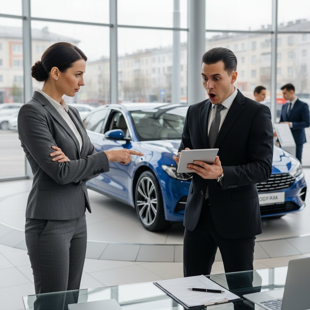 Negotiating at a car dealership, buyer standing firm, salesperson looking surprised
