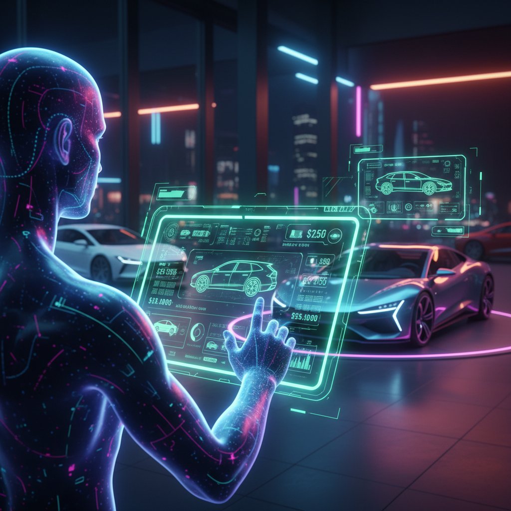 Modern buyer negotiating car price online on a neon-lit tablet at night, emphasizing digital car negotiation