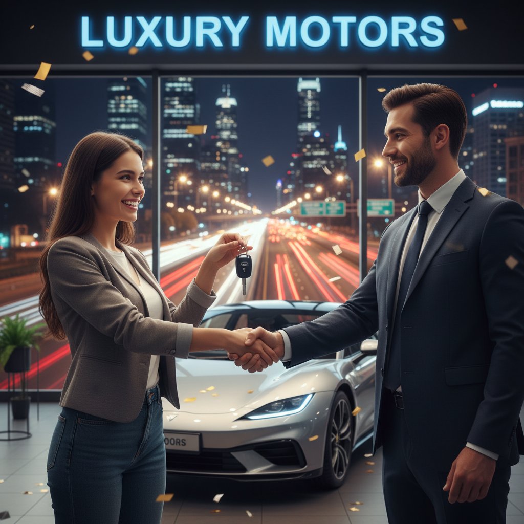 Celebrating online car negotiation success: Victorious buyer at home, keys in hand, city lights at night