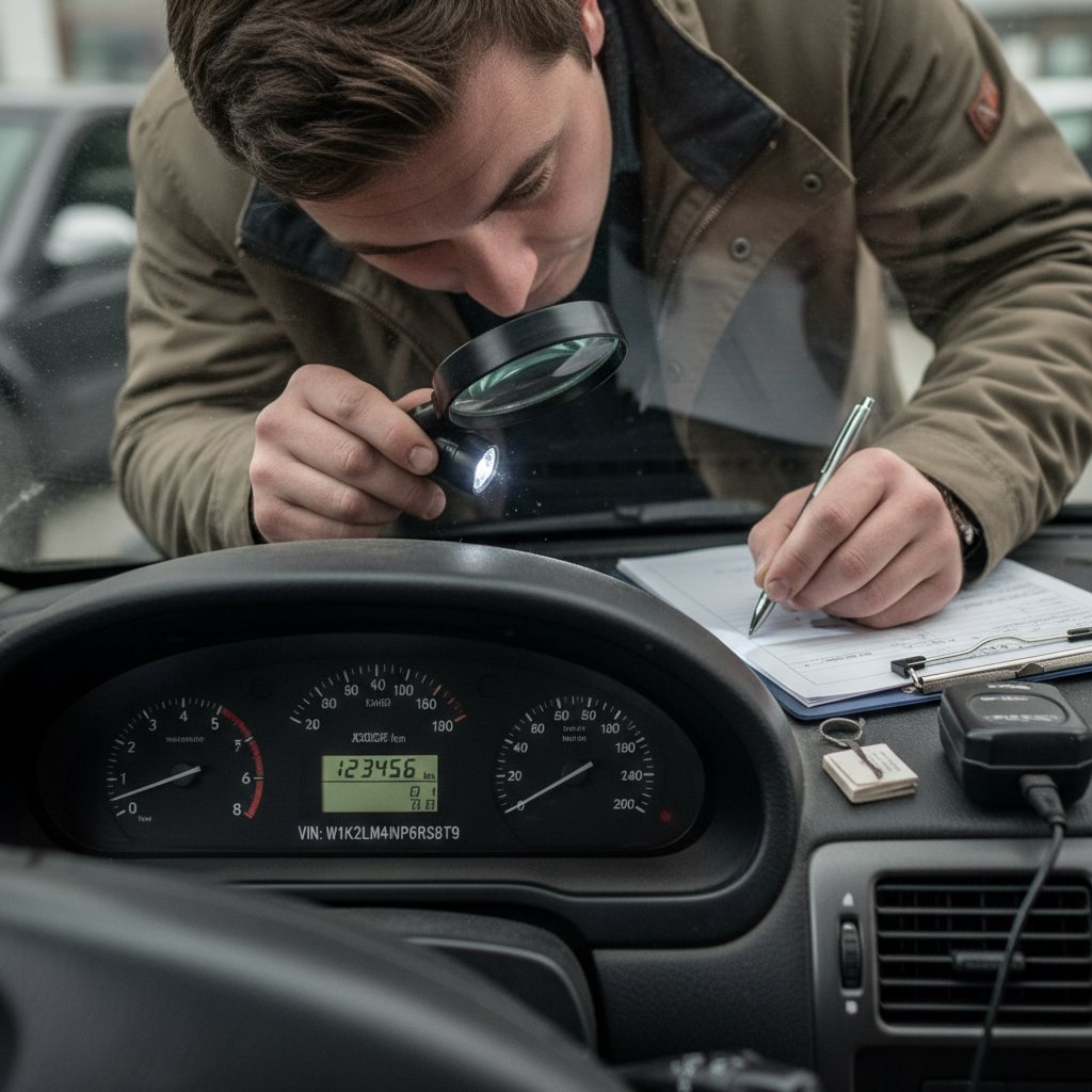 Closeup of car odometer and VIN number, buyer inspecting for year end sale, investigative mood