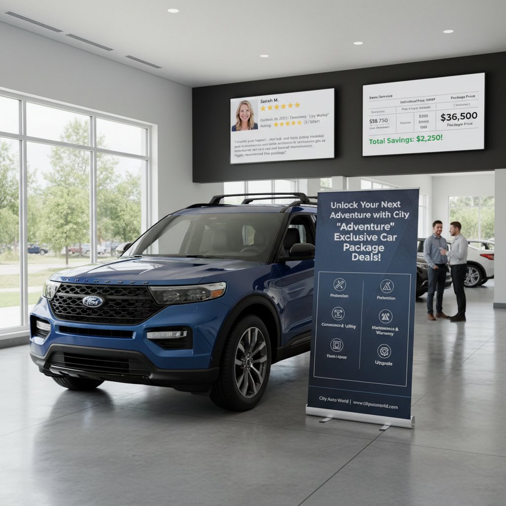 Photo of a customer reviewing a car package price breakdown with a salesperson at a modern dealership, bold contrast lighting, keywords: car package deal, price breakdown, negotiation