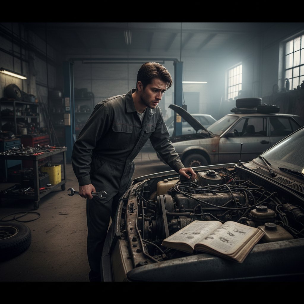 Mechanik amator patrzy z niepewnością na narzędzia w oświetlonym garażu