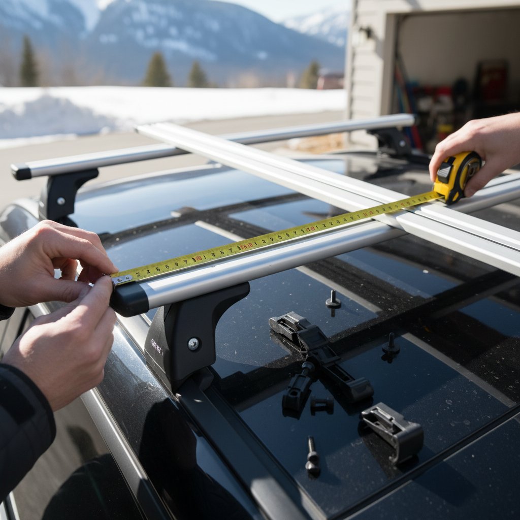 Measuring car roof for ski rack installation, tape measure in snowy background, best practices for ski rack cars