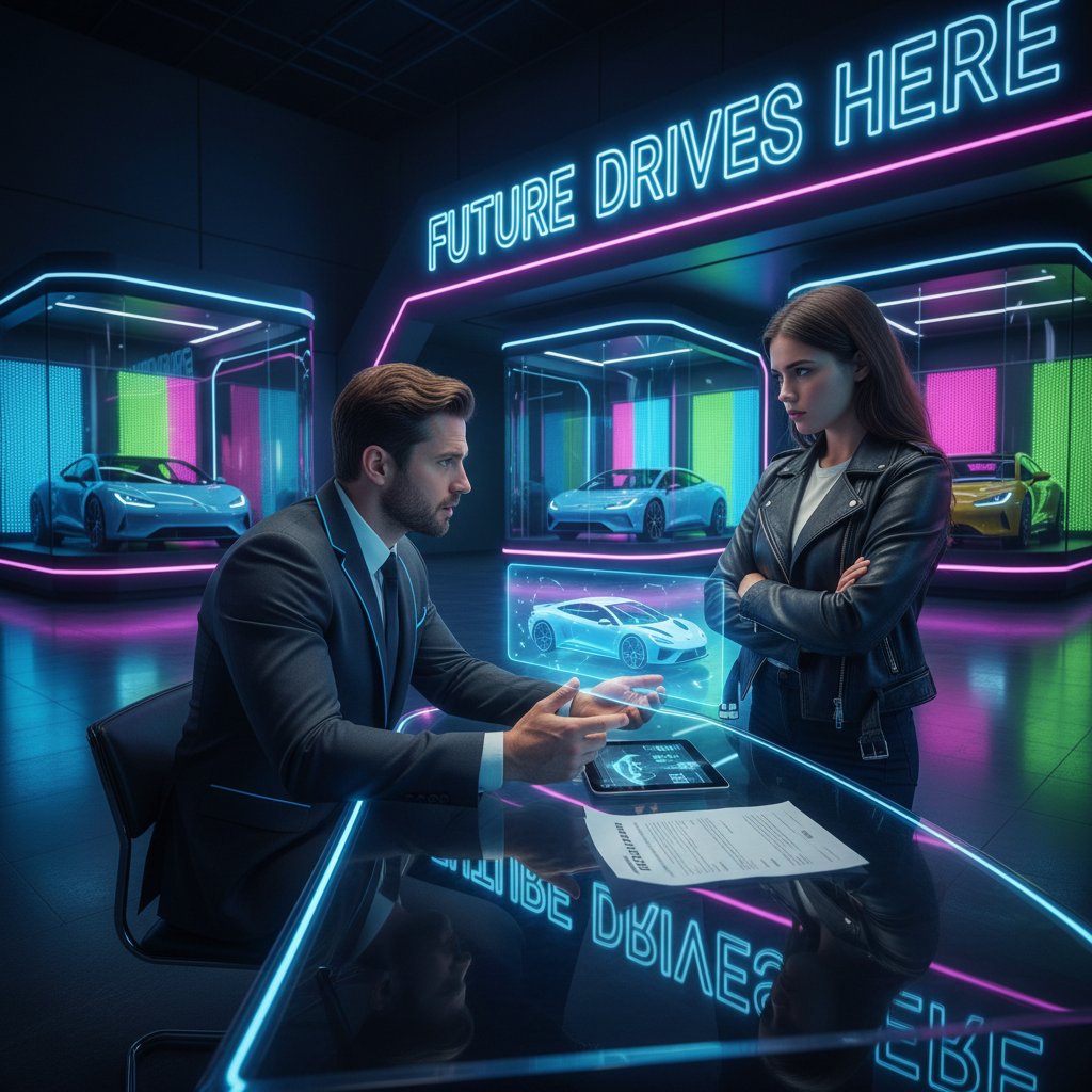 Edgy image of salesperson in suit, neon-lit showroom, intense negotiation atmosphere