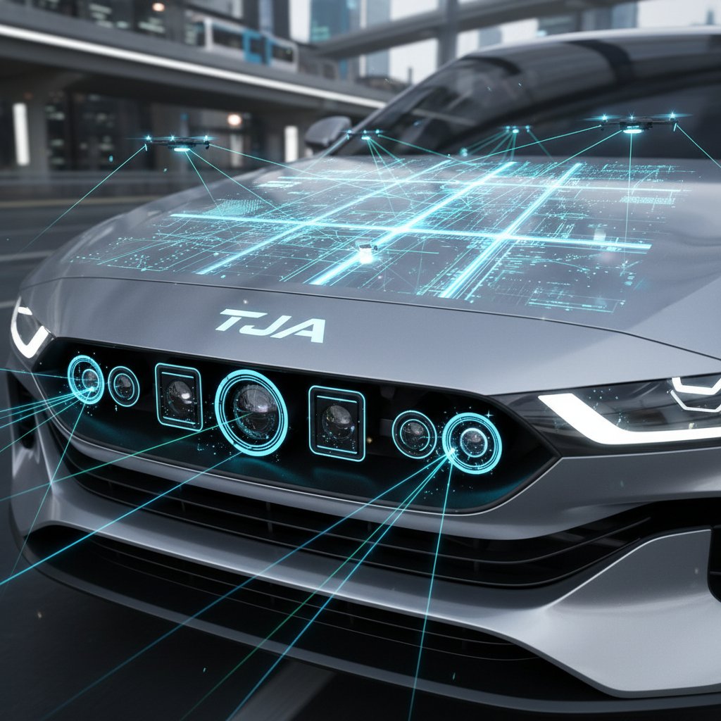 High-tech close-up of car sensors active scan for TJA system