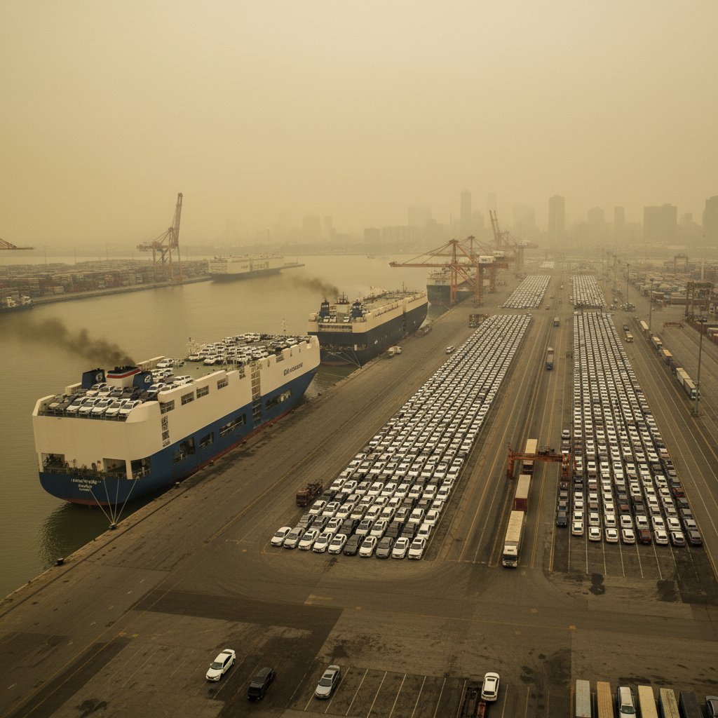 Cargo ship unloading new cars, illustrating supply chain emissions