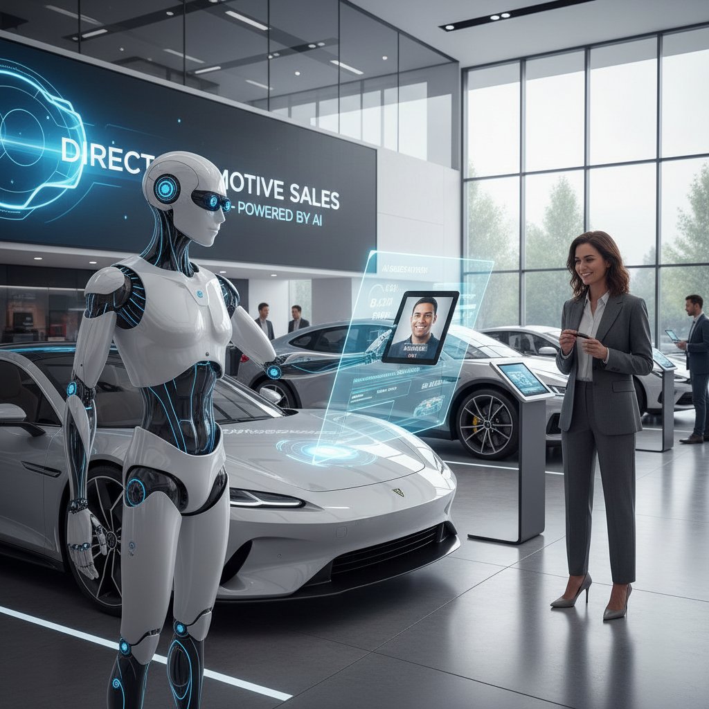 Modern car showroom scene with AI-powered assistant display and engaged buyers