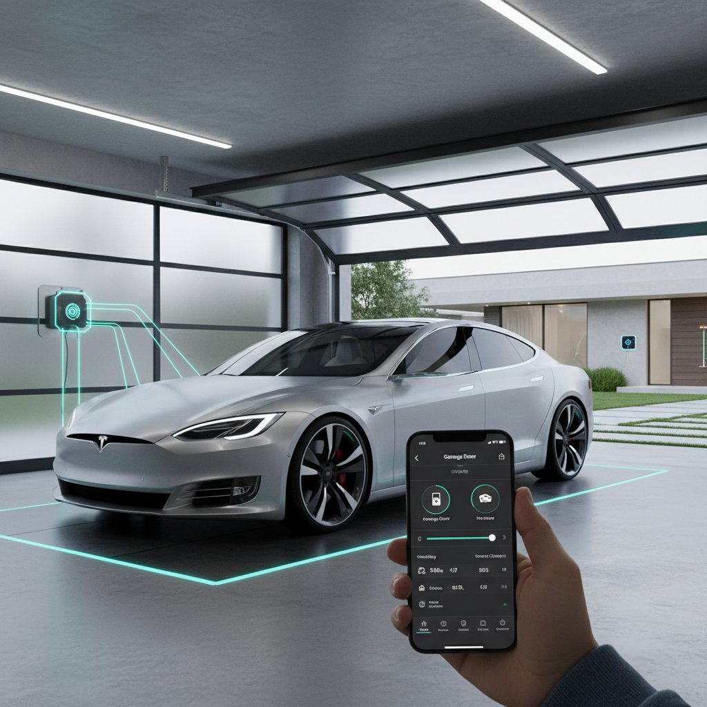 Modern car interacting with smart home devices, garage door, and mobile app