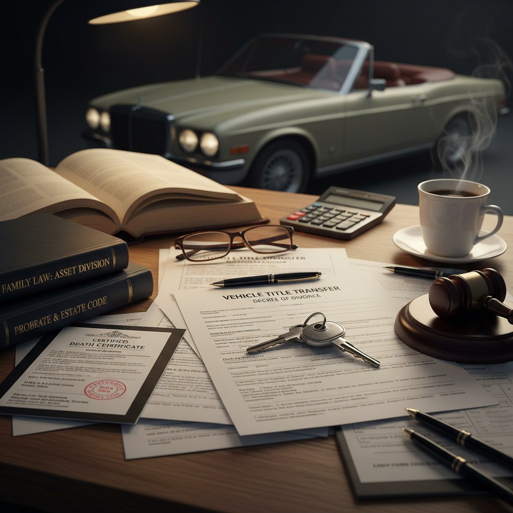 Two family members argue over a car and paperwork at a lawyer’s office, keywords: car title inheritance, divorce, legal dispute, paperwork