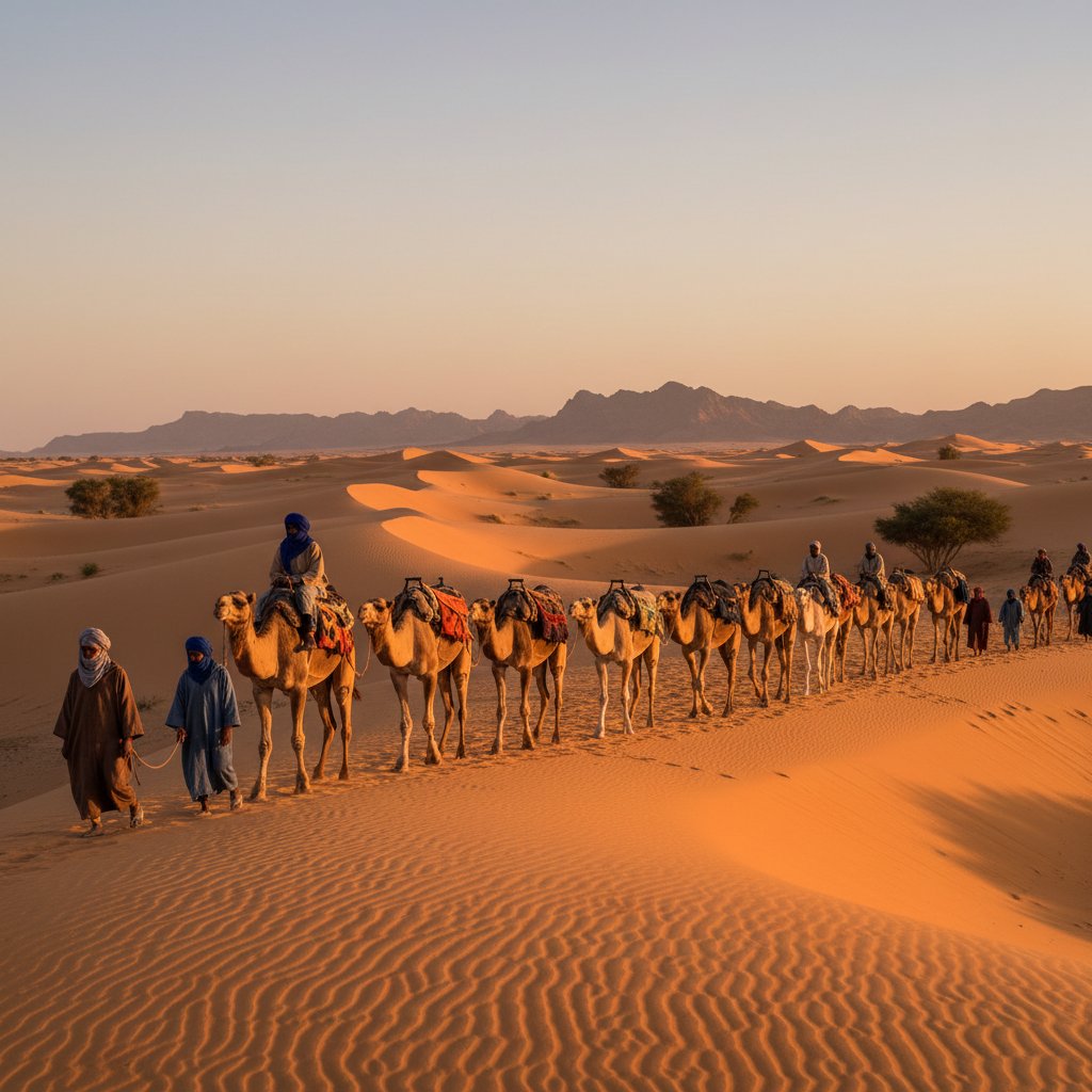 Caravan crossing Moroccan dunes at golden hour, Middle Eastern desert movie scene