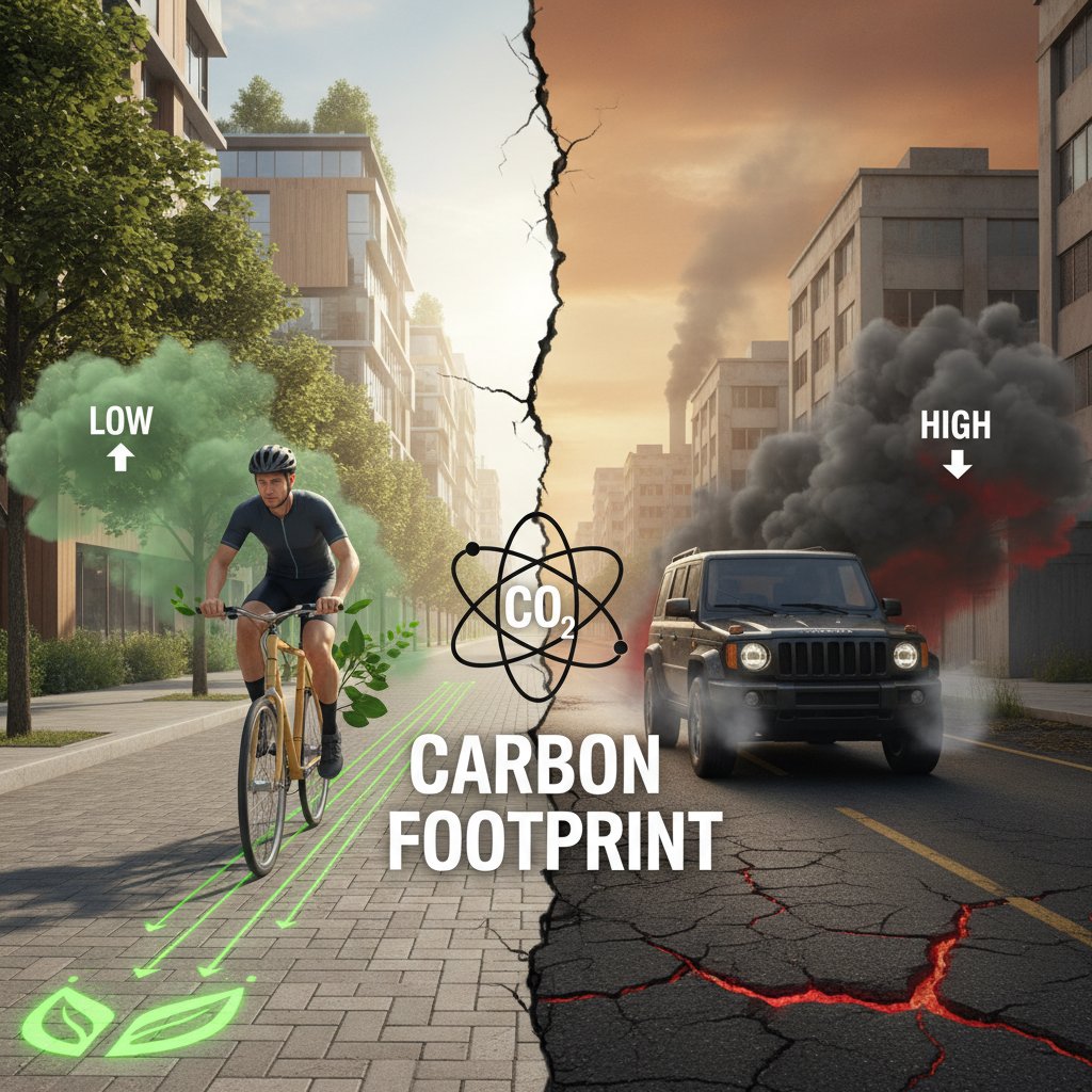 Porównanie śladu węglowego: rowerzysta i kierowca samochodu na ulicy, widoczny kontrast