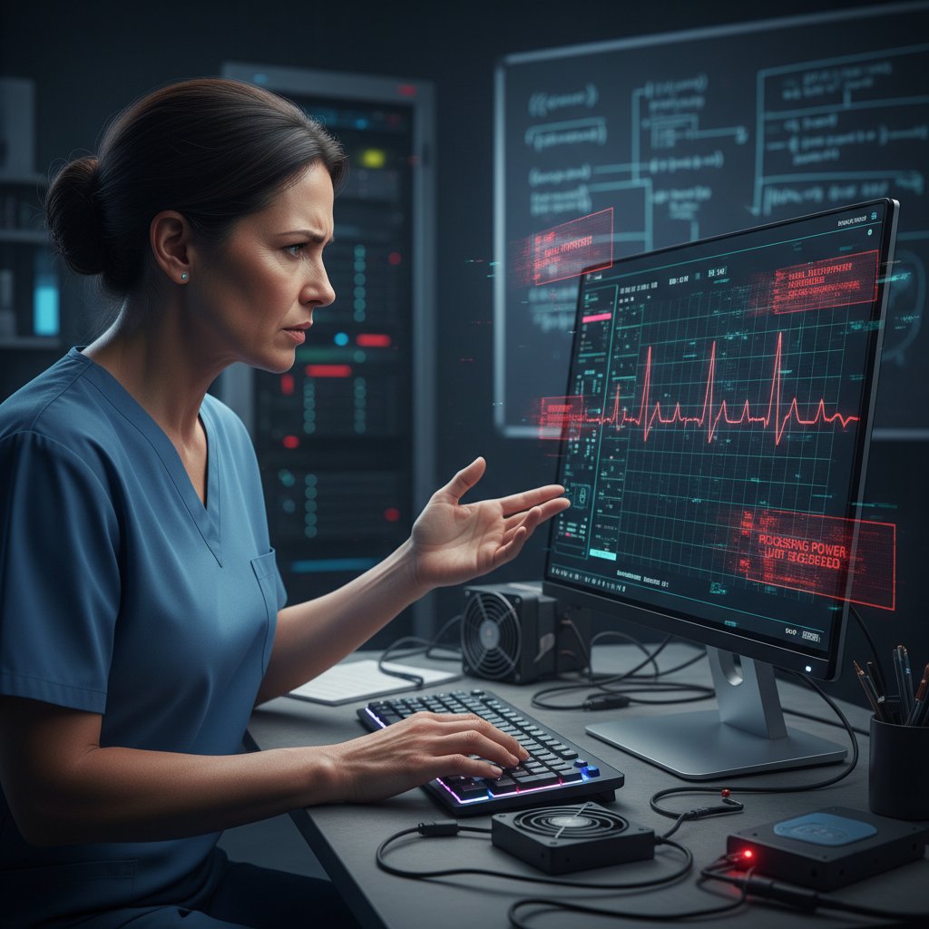 Kardiolog analizujący wykresy EKG na monitorze komputera, z widocznymi ograniczeniami technicznymi