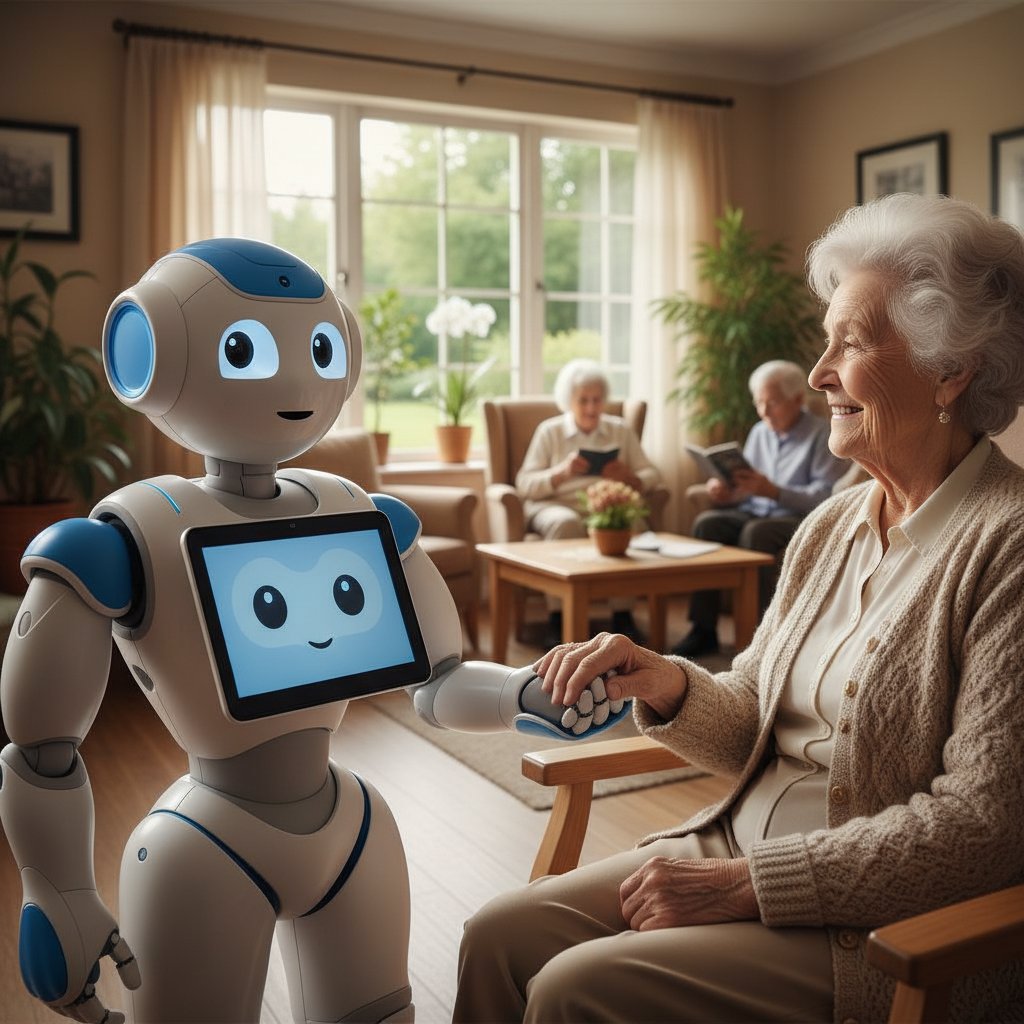 Robot opiekuńczy i starszy człowiek w polskim domu opieki, zbliżenie na dłonie