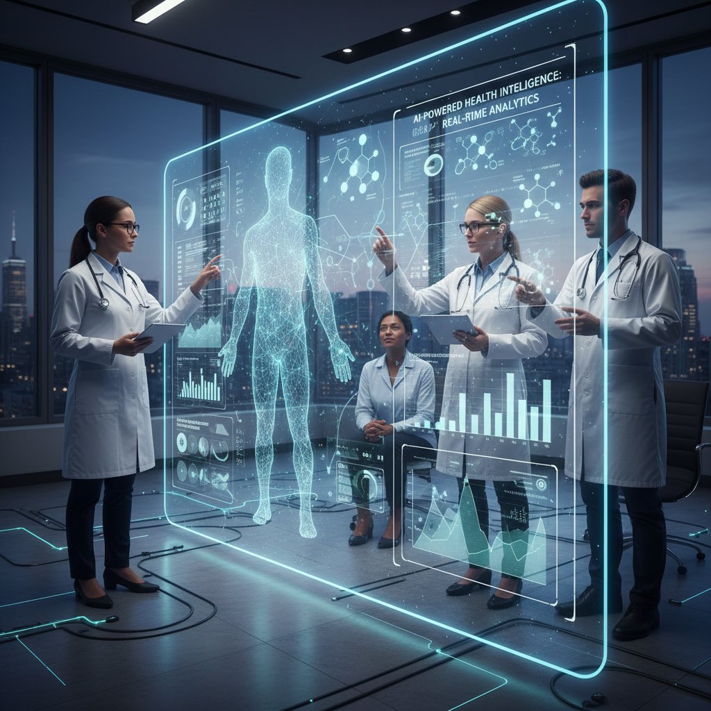 Zespół opiekunów i ekspertów analizuje dane AI na interaktywnym ekranie