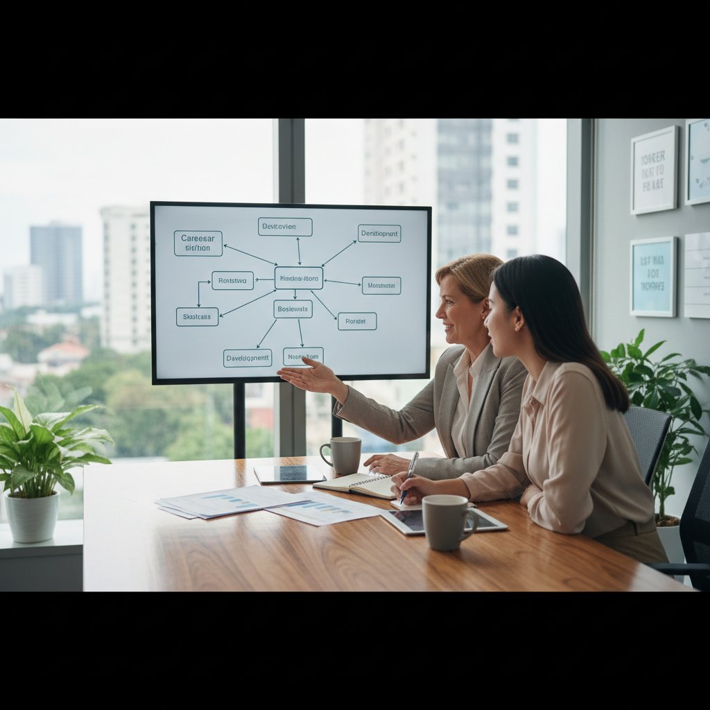 Zdjęcie doradcy kariery i klienta przy stole w nowoczesnym biurze, atmosfera profesjonalnej rozmowy, słowa kluczowe: doradca kariery, konsultacja
