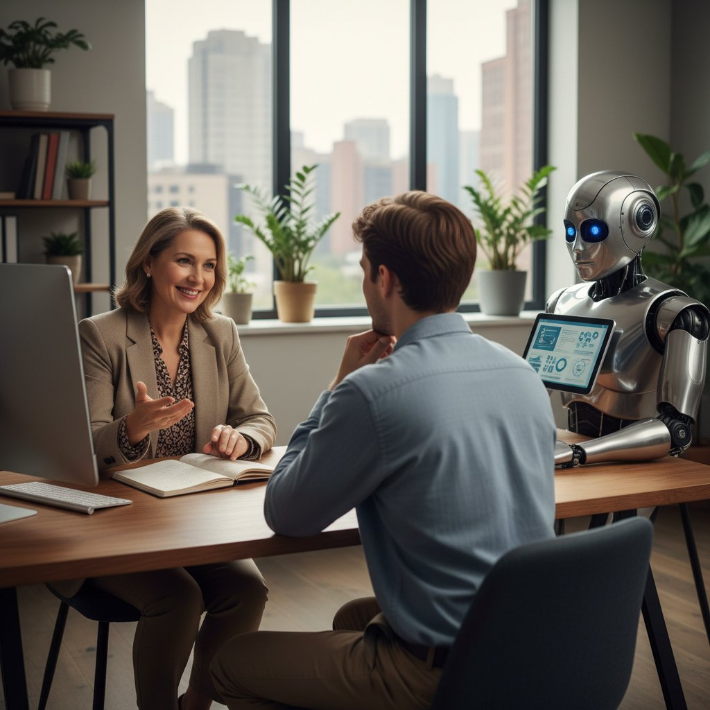 Porównanie ekranu rozmowy z doradcą i z AI, dwie osoby przy komputerach, nowoczesna przestrzeń biurowa