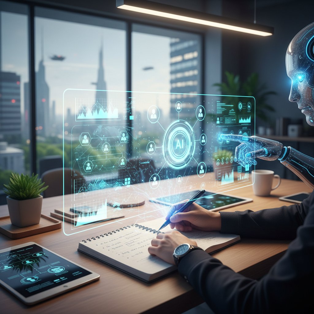 Osoba planująca ścieżkę kariery z notatnikiem i laptopem, w tle elementy symbolizujące AI