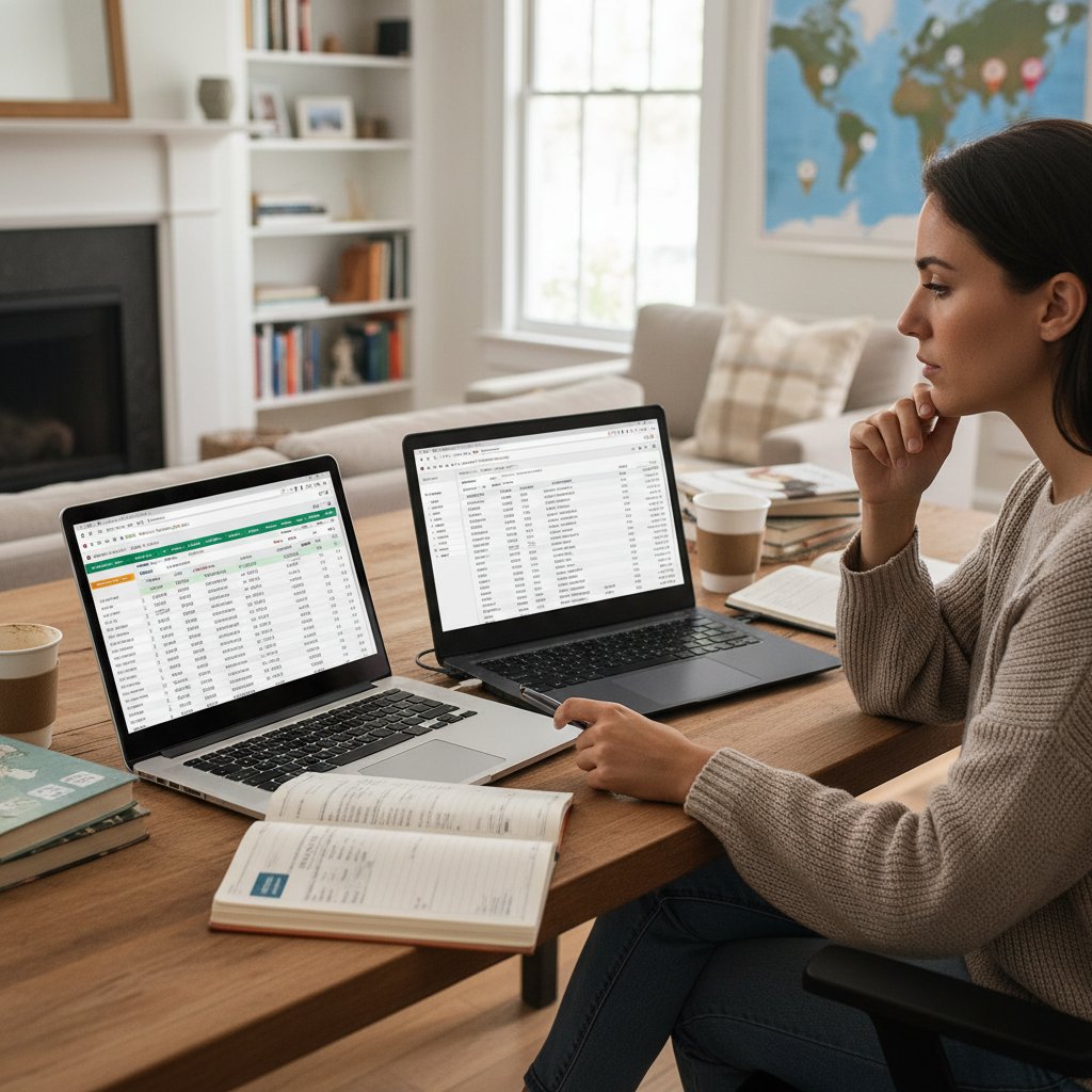 Ostrożna osoba porównująca oferty biletów na dwóch laptopach w domu
