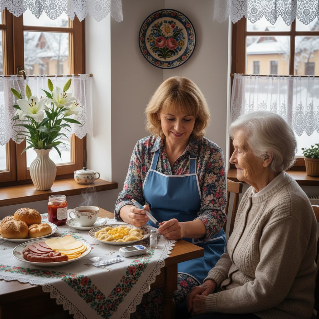 Poranek w polskim domu – opiekun przygotowuje śniadanie i podaje insulinę pacjentowi