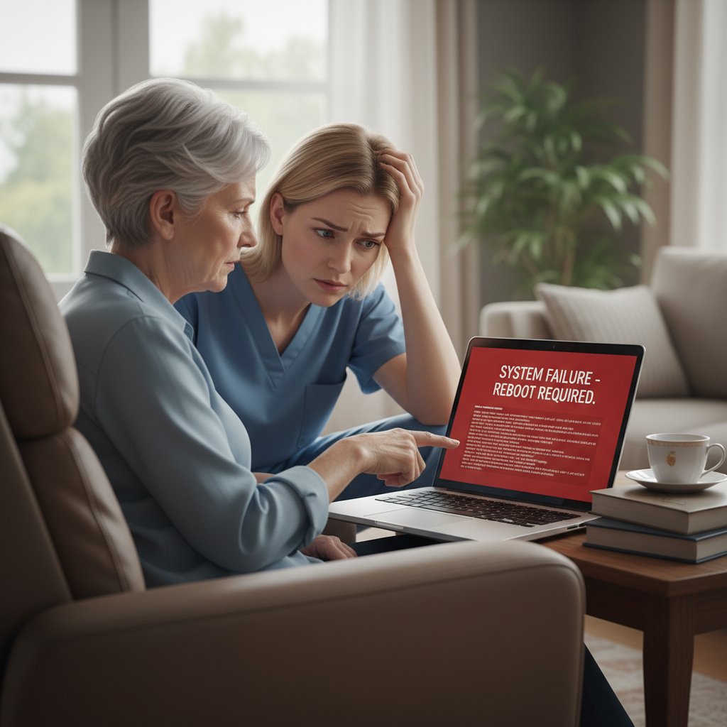 Opiekun zdezorientowany przy laptopie, system wsparcia nie działa