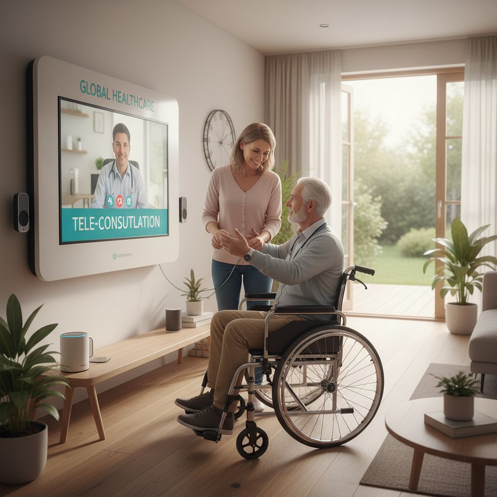 Opiekun i osoba niepełnosprawna korzystający razem z teleopieki oraz tradycyjnej pomocy w domu