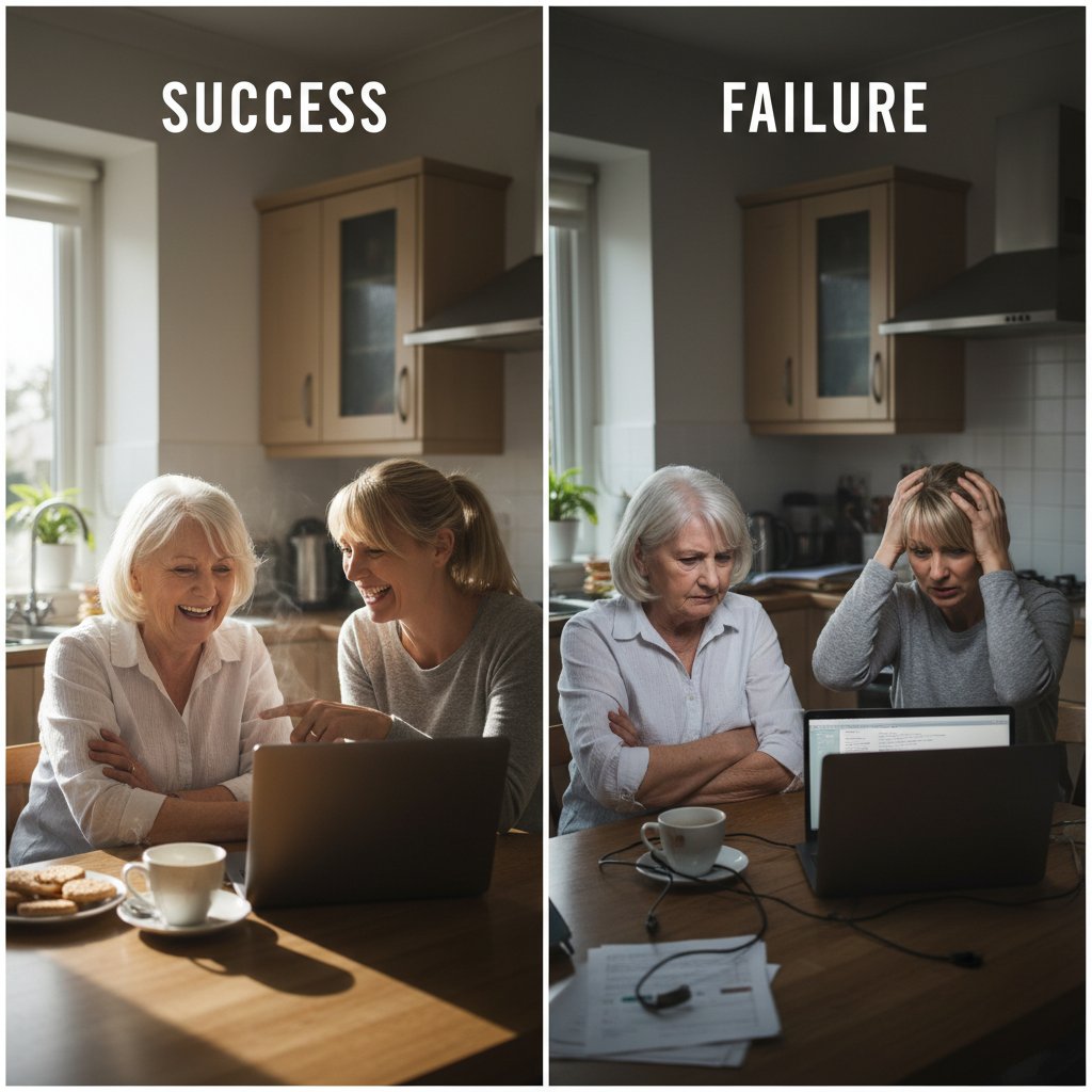 Opiekun i senior rozmawiający przy stole, laptop z otwartą aplikacją do opieki