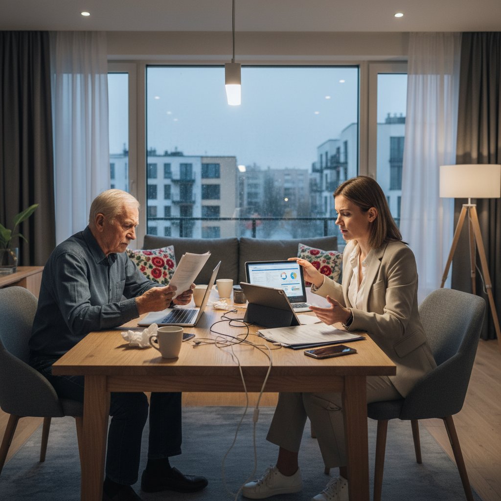 Opiekun i senior z planem opieki, dokumentami i laptopem, emocje