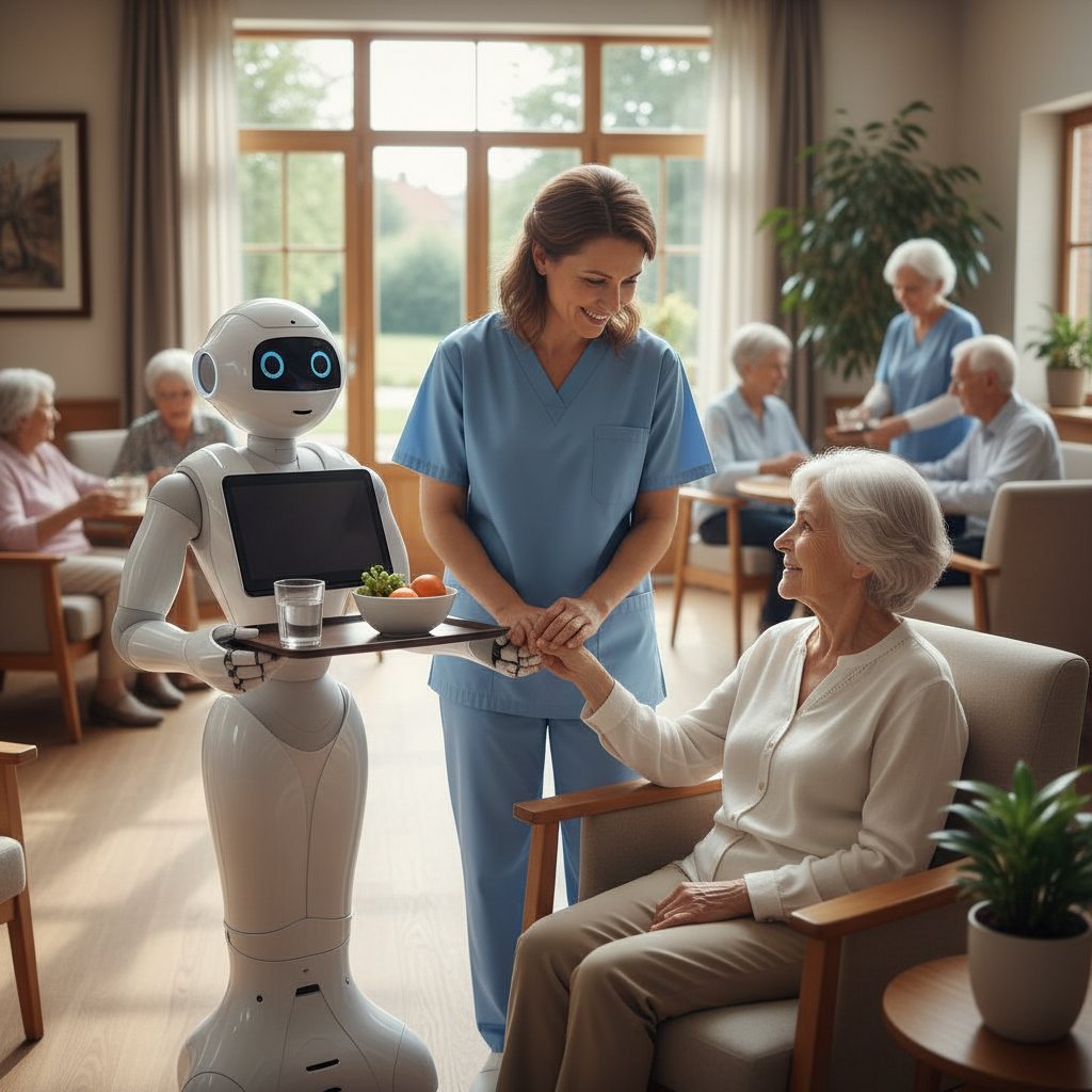 Opiekun i starsza osoba z robotem w domu opieki