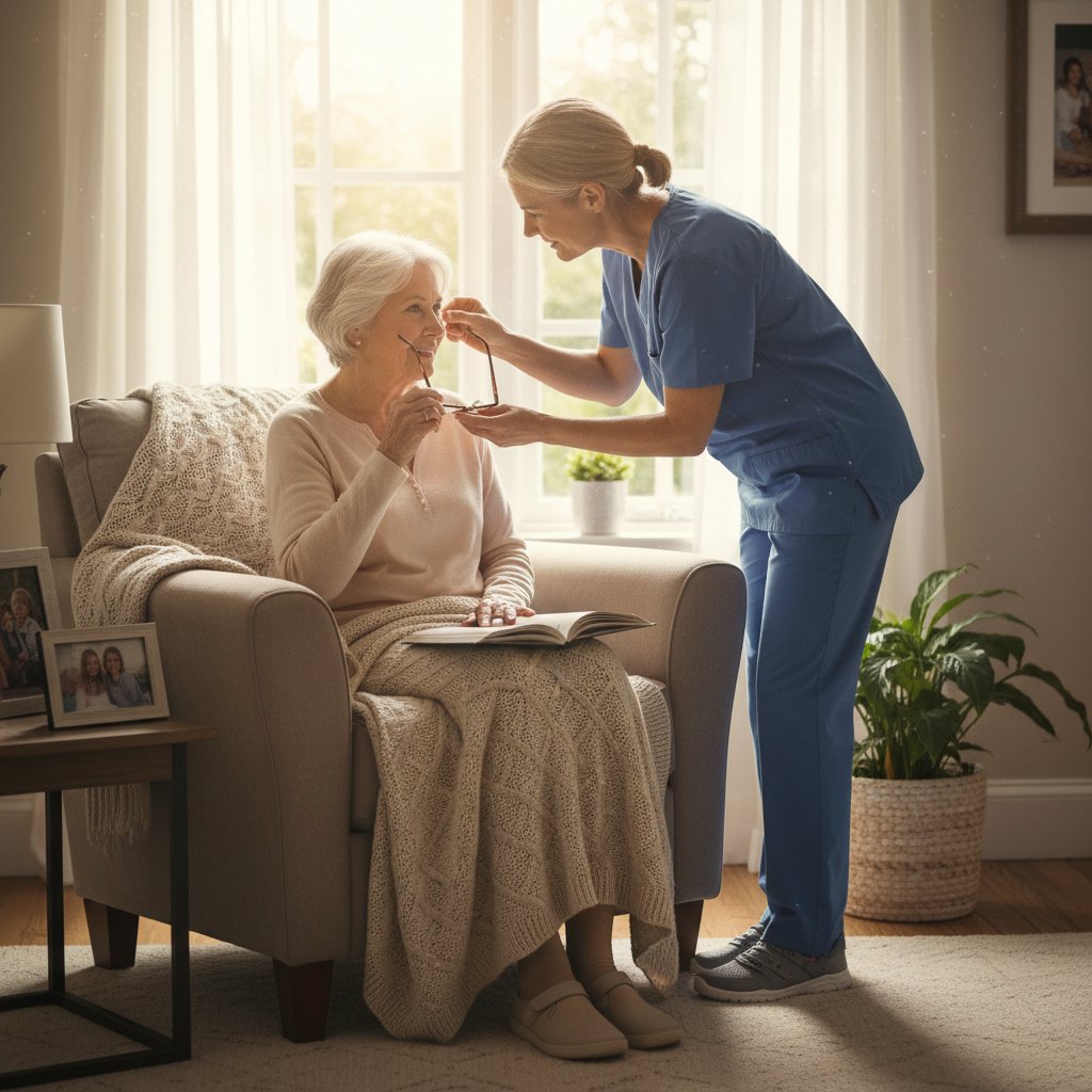 Kobieta w średnim wieku opiekuje się starszą osobą w domowym wnętrzu – obraz współczesnej wielochorobowości