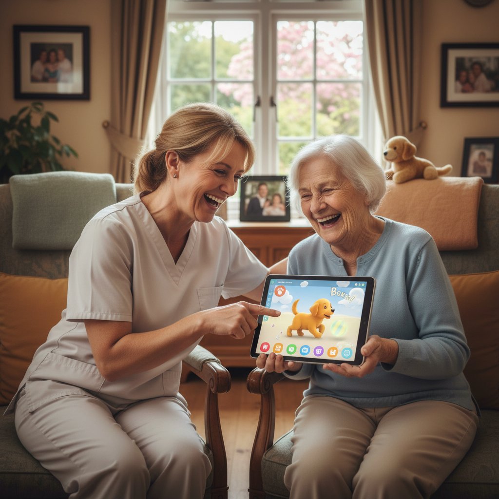 Pflegekraft und Seniorin lachen gemeinsam über virtuellen Hund – echte Erfahrung, Demenzpflege, emotionale Reaktionen