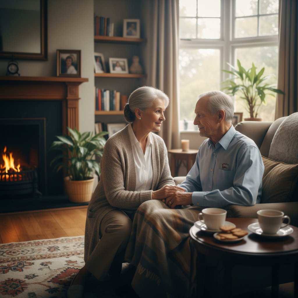 Bliska relacja opiekuna i pacjenta z chorobą serca, wspólna rozmowa, ciepła atmosfera, wnętrze domu