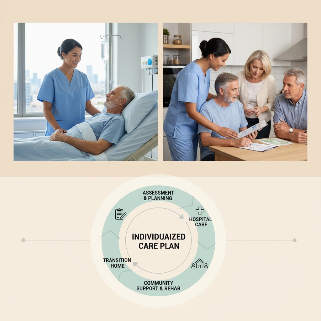 Opiekun, szpital, dom i pracownik socjalny przy planie opieki