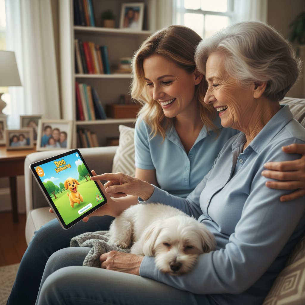Opiekun i senior korzystający razem z aplikacji pies symulator, wspólna aktywność