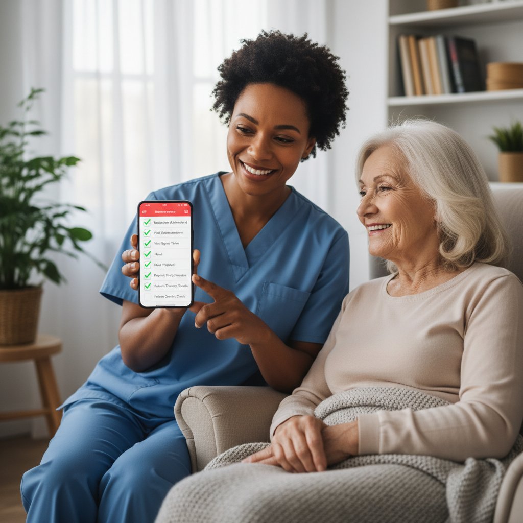 Opiekun w domowym zaciszu sprawdza aplikację na telefonie z checklistą profilaktyki, pacjent w tle z uśmiechem
