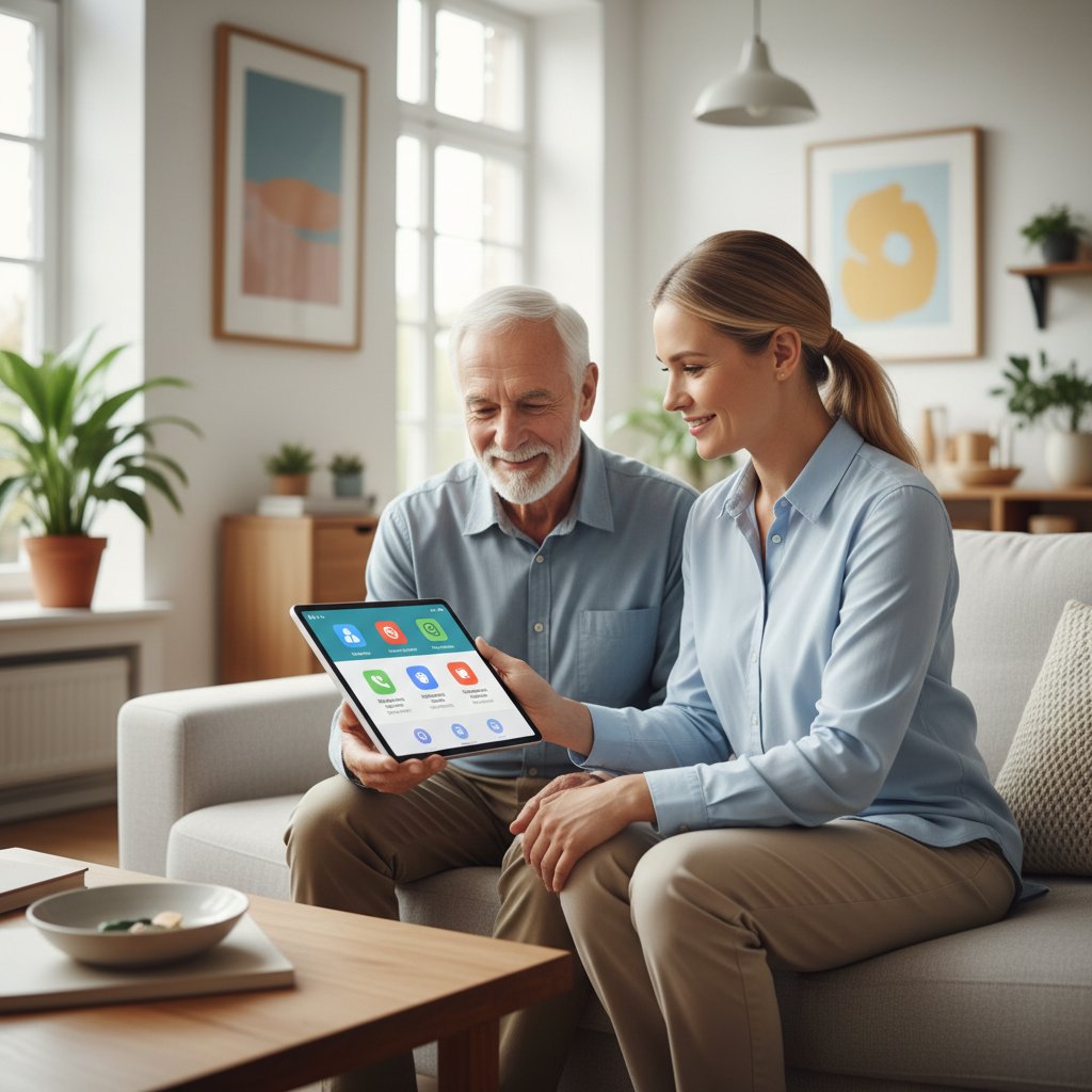 Opiekun korzysta z tabletu, zarządzając planem opieki nad seniorem, nowoczesne wnętrze, atmosfera skupienia