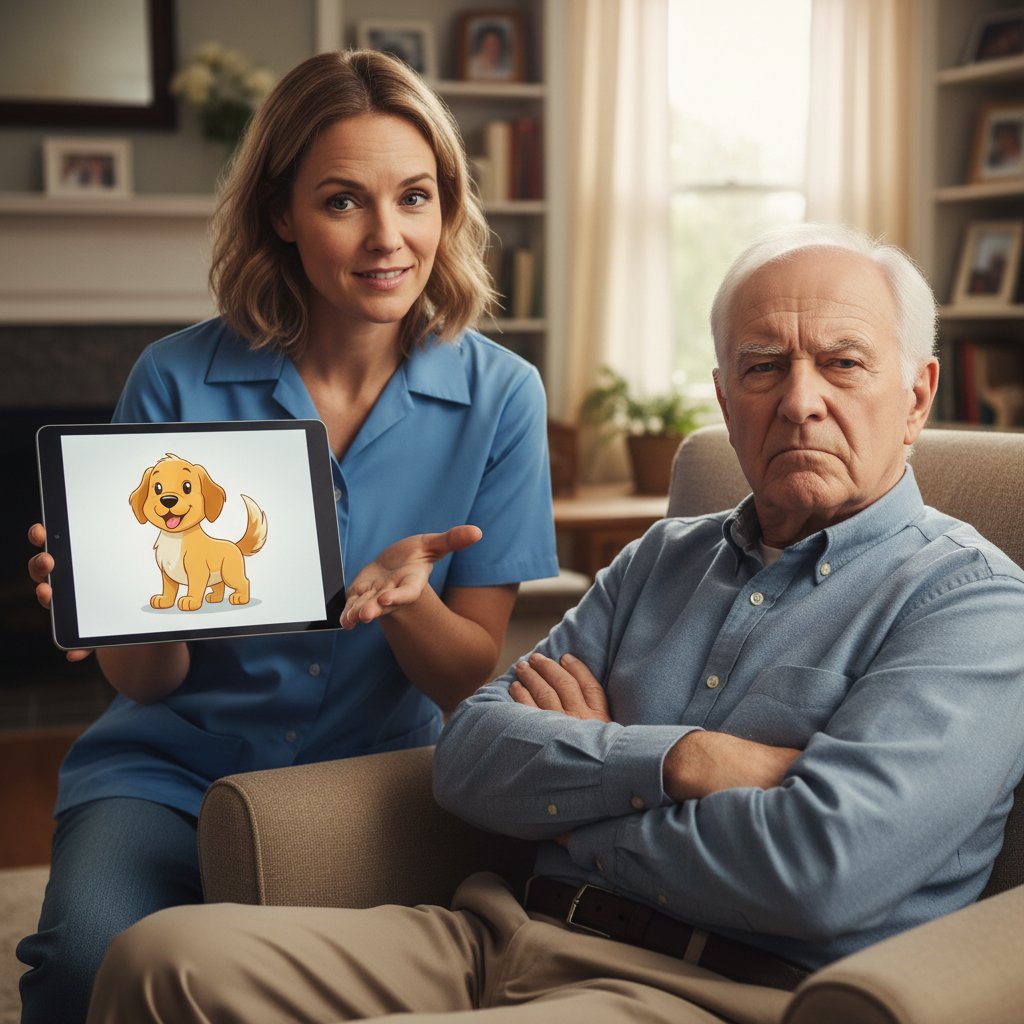 Pflegekraft im Gespräch mit Senior, Tablet mit virtuellem Hund im Hintergrund, skeptische Miene