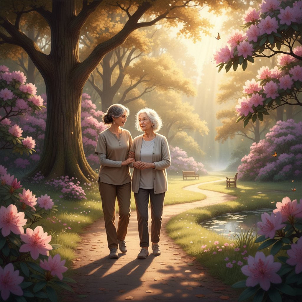 Opiekun i pacjent z otępieniem na spacerze, nadzieja, wsparcie