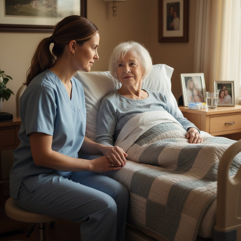 Opiekun przy łóżku pacjenta z otępieniem, codzienna opieka