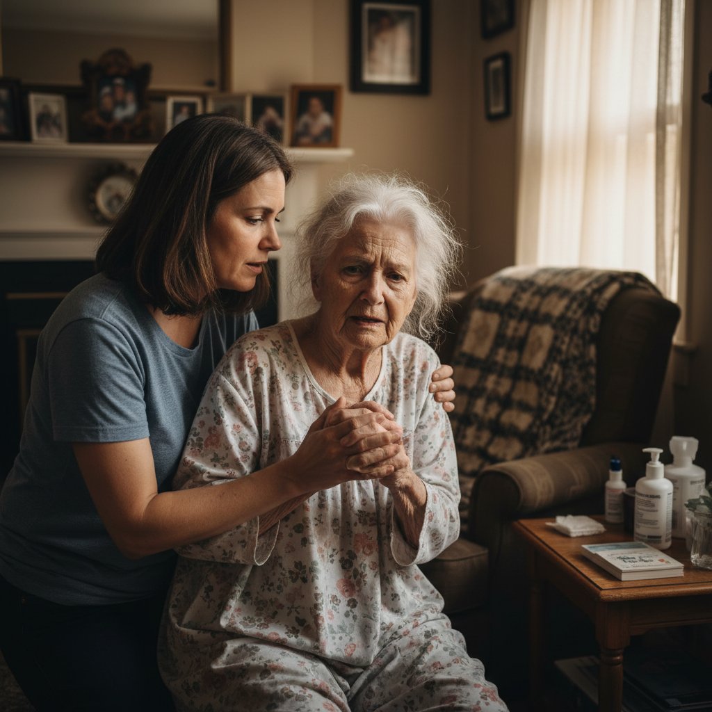 Opiekun uspokaja zdezorientowanego pacjenta, atmosfera napięcia